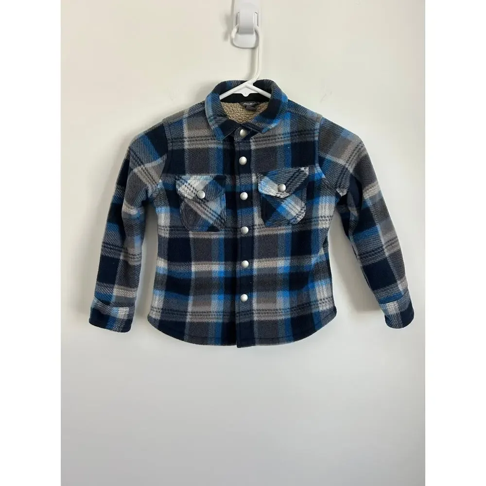 Eddie Bauer Kids Plaid Snap Fleece Jacket – Size 4/5 – Blue Warm Outerwear